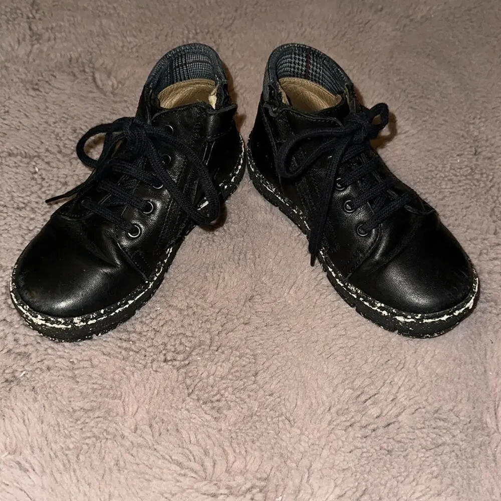 Pom D’api Black Leather Boots with Cute Plaid Detail European Size 26 NWOT
